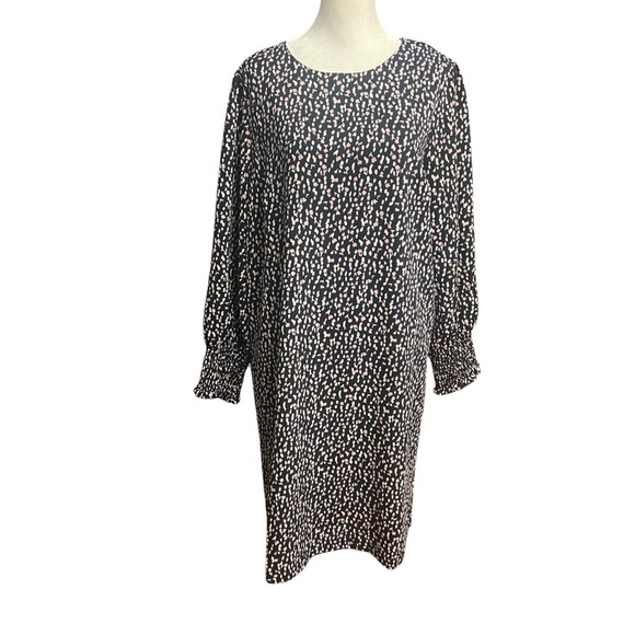 Ann Taylor Factory Shift Dress Size 10 Black Print Shirred Sleeves Comfort Boxy - Picture 3 of 13
